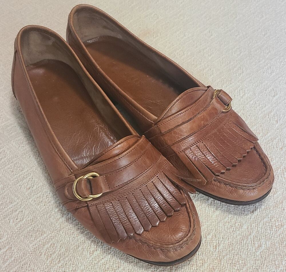 Cole Haan Tan Leather Kiltie Loafers with Gold Buckle Detail